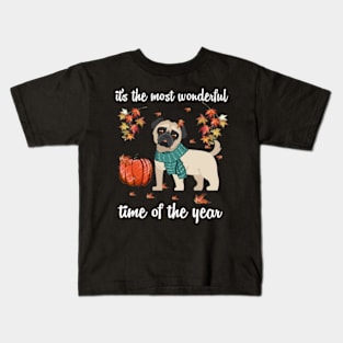 Pug Dog Autumn Fall Most Wonderful Time Maple Gift Kids T-Shirt